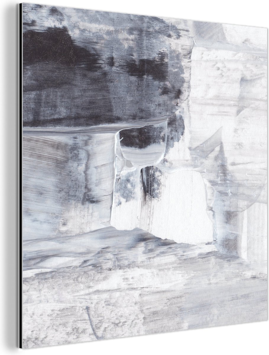 Aluminium schilderij 90x90 cm - Wanddecoratie metaal - Kunst - Verf - Wit - Zwart - Grijs 