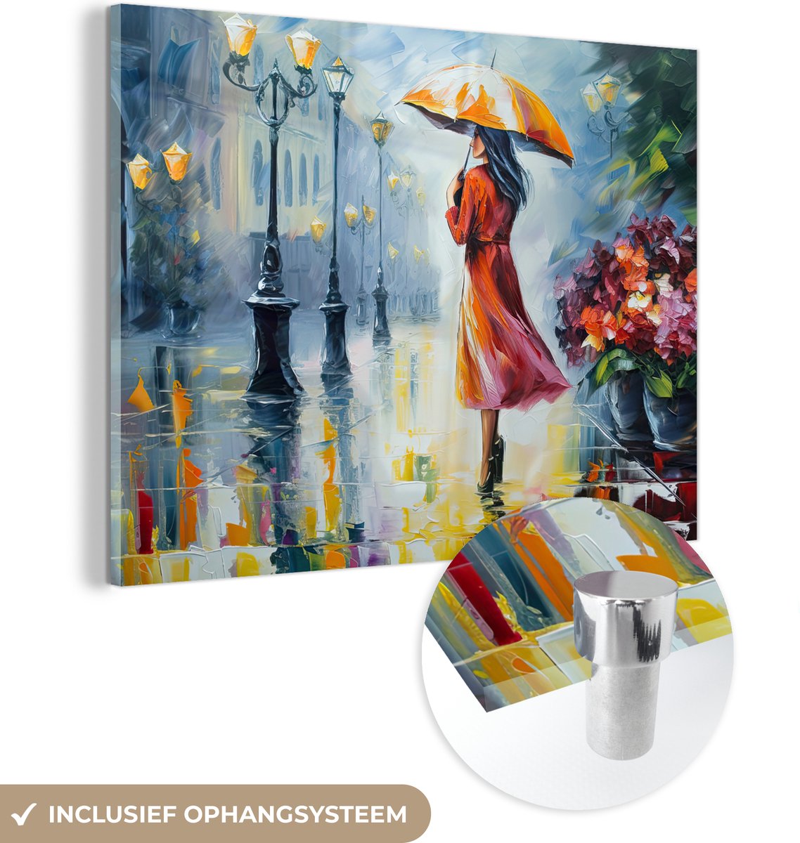 MuchoWow® Glasschilderij 80x60 cm - Schilderij acrylglas - Olieverf - Paraplu - Vrouw - Straat - Kunst - Foto op glas - Muurdecoratie woonkamer - Wanddecoratie slaapkamer - Schilderijen