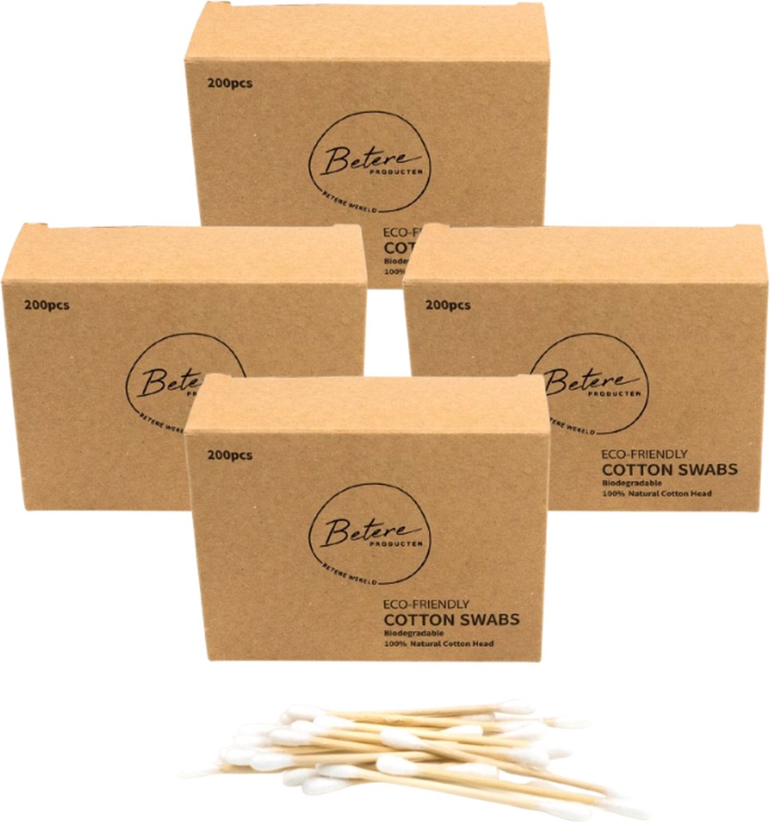 Set van 4 x Wattenstaafjes van bamboe - Duurzame wattenstaafjes - Betere producten - Plasticvrij - Biologisch katoen - Duurzaam bamboe - Biologisch afbreekbaar - 200 stuks
