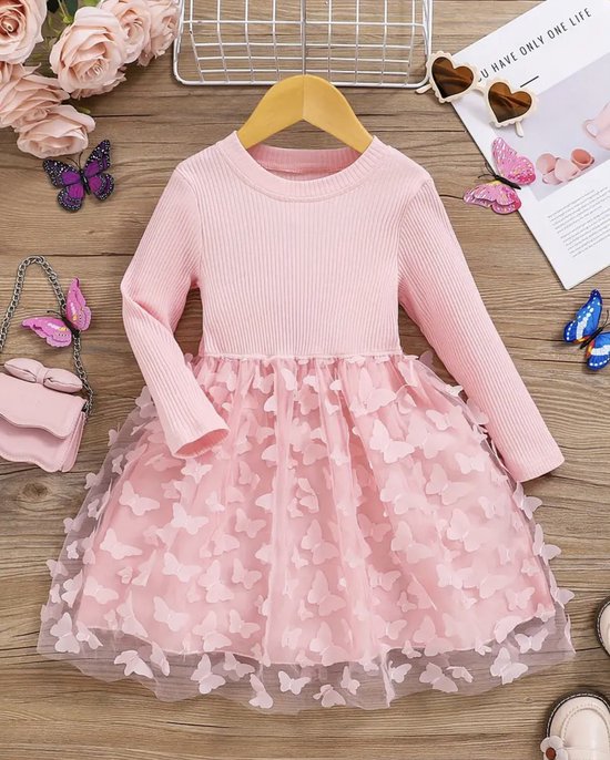 Joya Kids® Licht Roze Vlinder Prinsessenjurk Warme Glamour Winterjurk Luxe Prinsessenjurk meisje met Vinders Verkleedjurken met lange mouw meisjes Jurk Verkleedjurk Maat 104-116