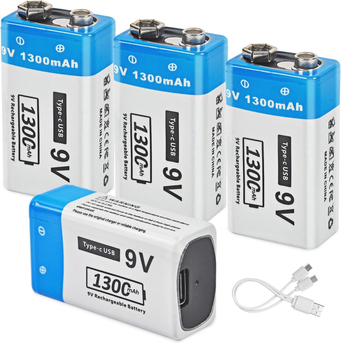 Piles 9V Rechargeables, 1300mAh Haute capacité Lithium-ION 9 Volt Piles