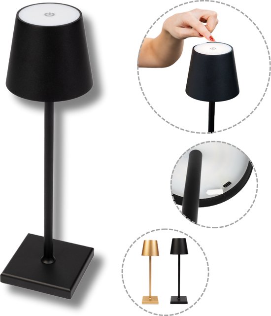 BandiO Lampe de Table Rechargeable - 3 couleurs - Sans fil et dimmable - Aluminium - 5200mAh - Lampe tactile moderne - Lampe de nuit Chambre - Zwart