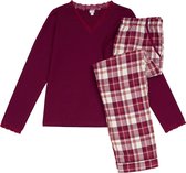 La-V pyjamaset voor dames met geruite flanel broek en V hals met kant contrast Bordeauxrood S