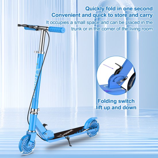 Blauwe step met verstelbaar stuur en opvouwmechanisme. Tekst: "Quickly fold in one second" en "Folding switch lift up and down".
