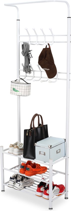 O'DADDY® kapstok staand – kapstokken - kapstok met schoenenrek – kapstok zwart - garderoberek - kledingstandaard - garderoberek met kapstok - garderoberek met schoenenrek- garderoberek metaal - 66 x 30 x 190 cm - wit