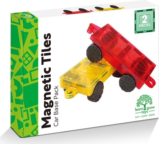 Learn & Grow - Magnetische Tegels - Autobasis Met Rubberen Wielen - 2 Stuks - Magnetische Bouwstenen - Auto's