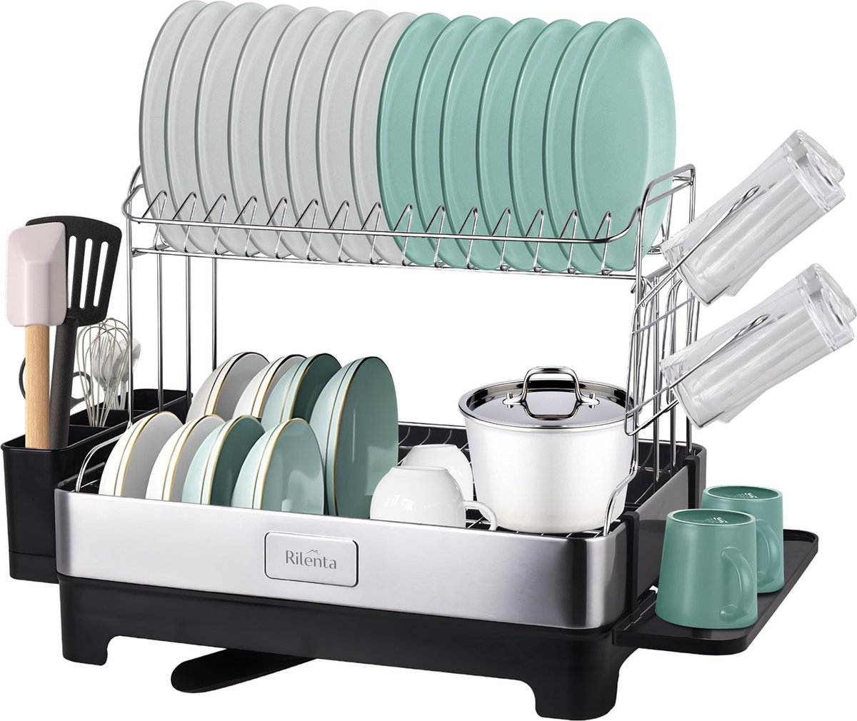 Goedkoopste Rilenta 2-laags Afdruiprek met Lekbak en Bestekhouder RVS - Afwasrek met Glazenhangers en Bekerhouder - Droogrek & Afwasbak voor Afwas - Keuken Organizer met Afvoer - Flessen Baby Droogrek - Babyfles - Metaal
