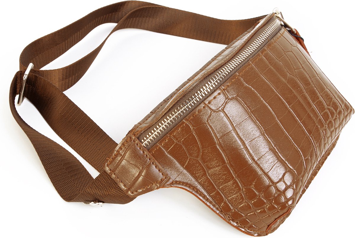 KIMU® Heuptasje Slangenleer - Bruin Cognac Bruin - Fanny Pack Leer Heuptas Leren Tas Tasje Fannypack Slangenleren Lichtbruin Krokodillenleer Festival