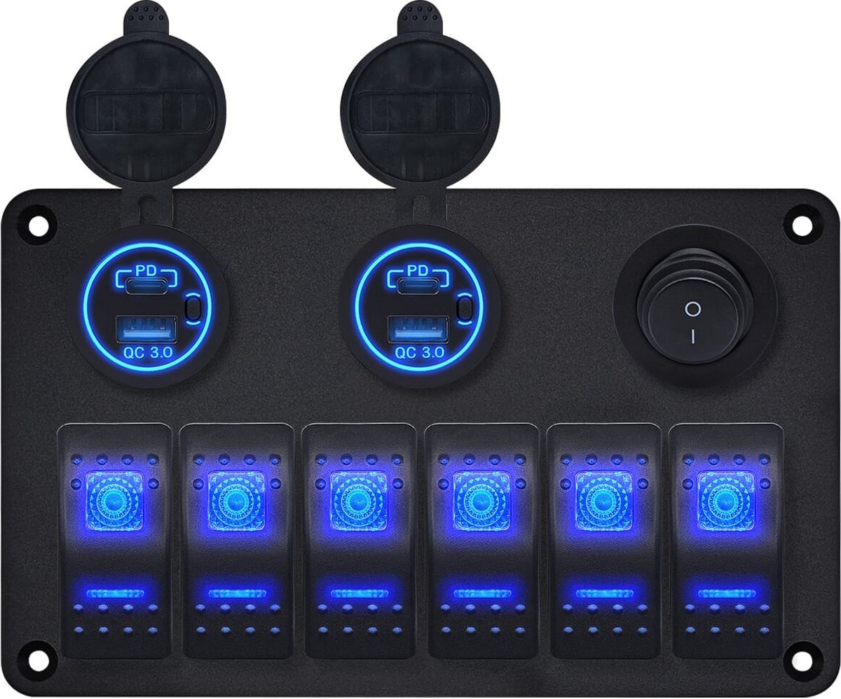 ProRide Schakelpaneel 12V voor Auto/Boot - USB/USB C Lader 4 Poorten met Schakelaar - QC3.0 - 6 Schakelaars
