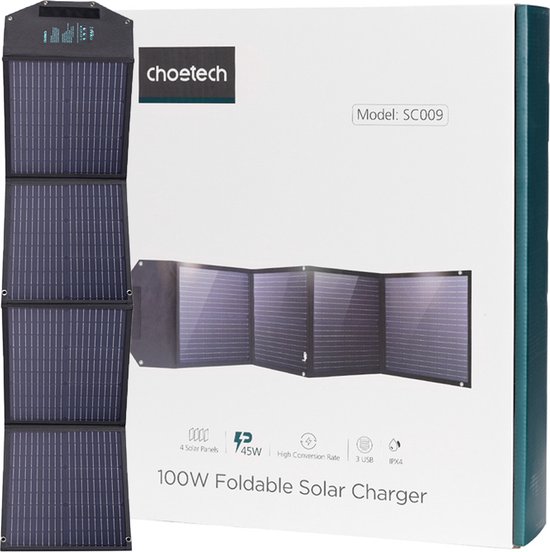Choetech - zonnelader - 100W opvouwbaar USB C, 2x USB PD QC zwart ...