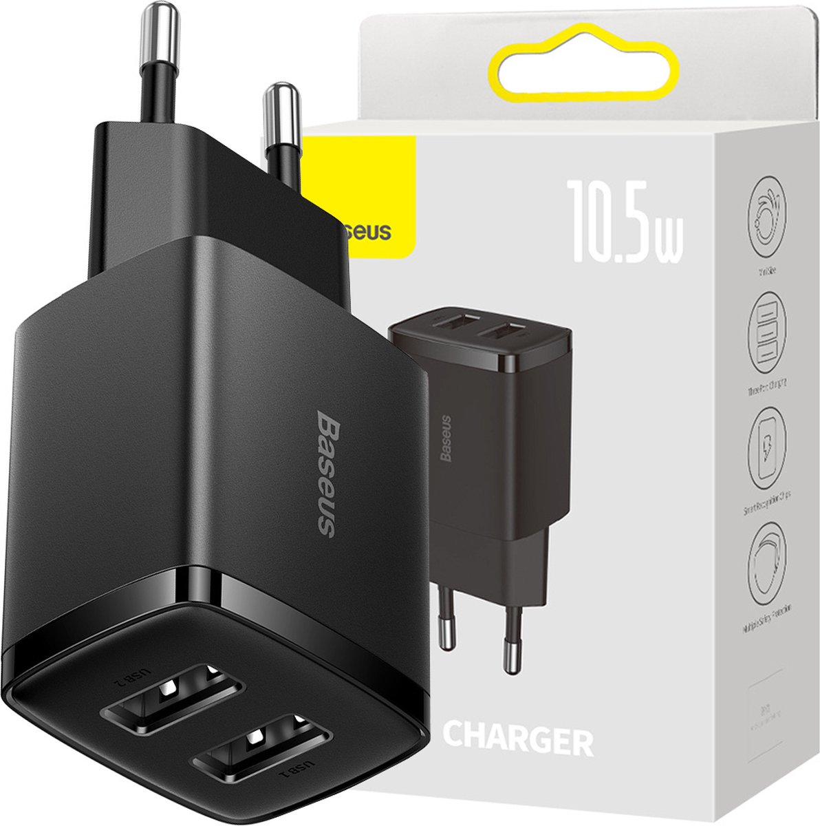 Baseus: Adapter met 2 USB Poorten - 10.5W - Zwart