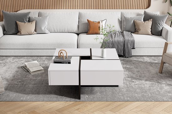 KOMHTOM Hoogglans salontafel in wit woonkamertafel met twee laden moderne minimalistische vierkante bijzettafel (wit