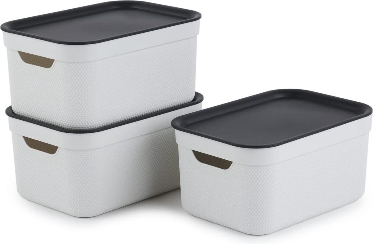 Goedkoopste Dekobox Set van 3 opbergdozen 5l met deksel - Kunststof - Wit/Antraciet - 3x5l - 26.5 x 18.5 x 13.2 cm