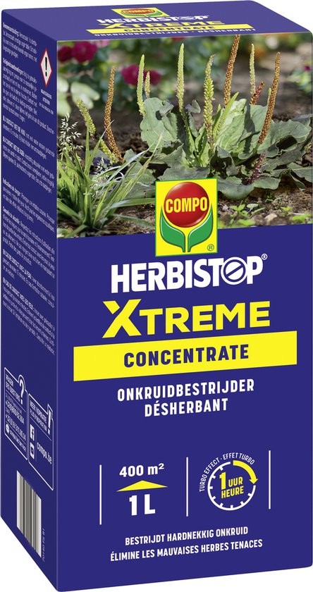 Doos van Herbistop Xtreme Concentrate met afbeelding van planten en tekst over werking en toepassing.