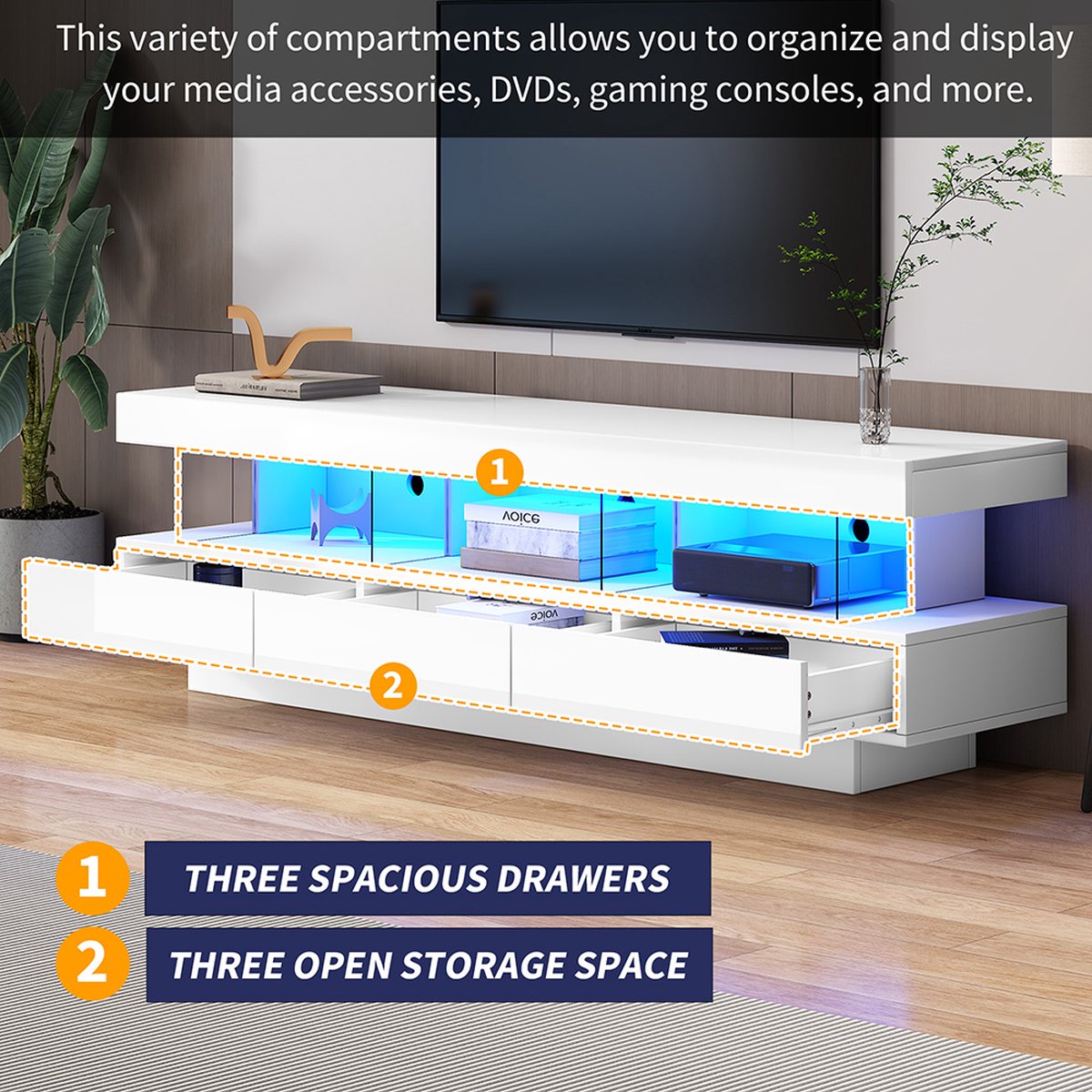 KOMHTOM TV Meubel met 3 glazen planken, LED-verlichting Bluetooth connectiviteit voor 70” TV glanzend glazen smart TV-standaard wit