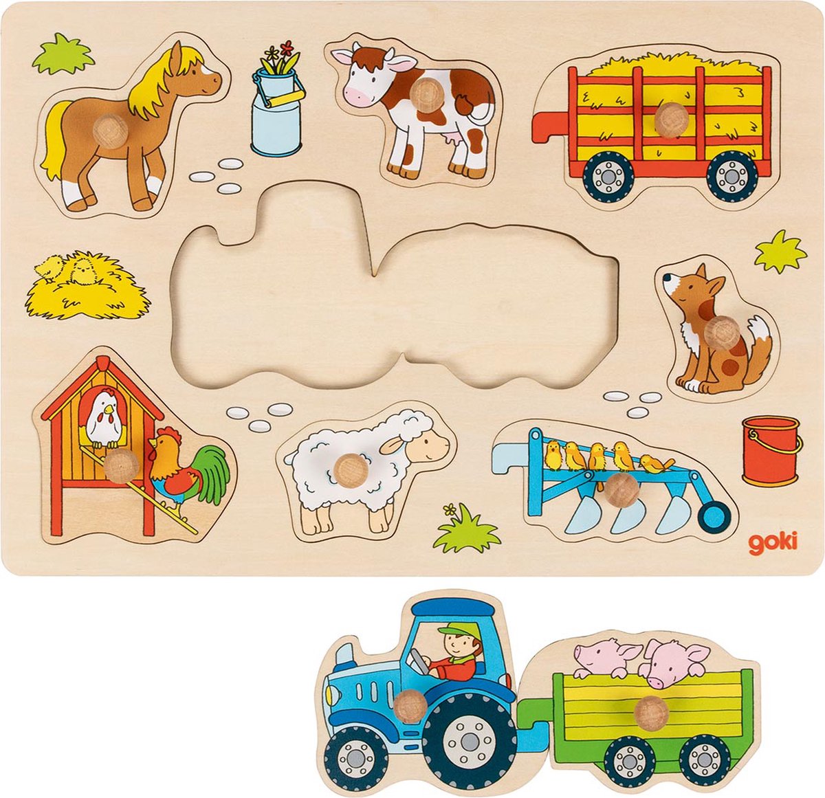 GOKI Steekpuzzel - Traktor - 9 Delen - 30X21X2,4Cm - Hout - 1 Jaar