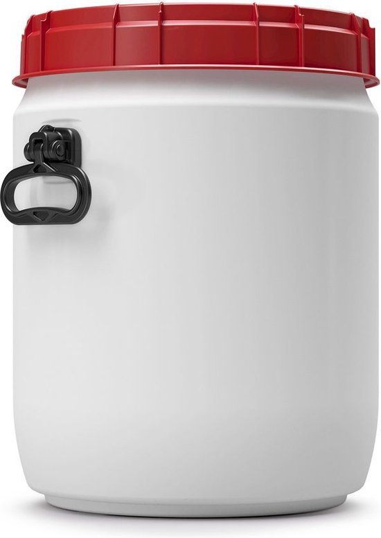 Witte voerton van 34 liter met rode, schroefbare deksel en zwart handvat.
