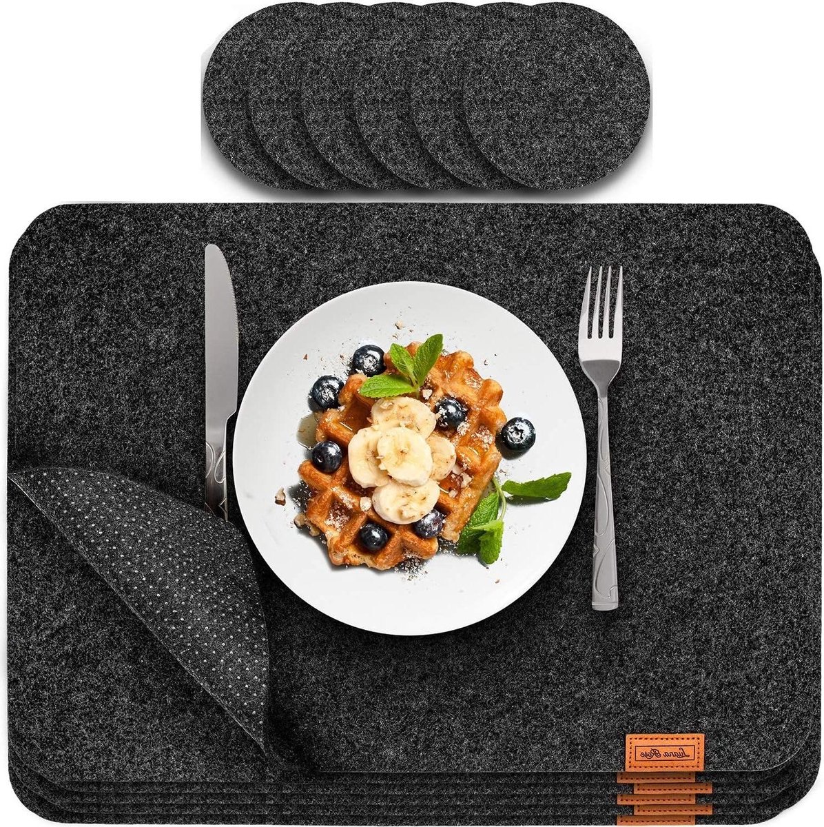 Afwasbare vilten placemat set van 12 incl. glas onderzetters - Antraciet placemat 44 x 32 cm - Vilten tafelmat met onderzetters