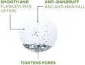 Illustratie met bubbels en de tekst "SMOOTH AND FLAWLESS SKIN OFFERS", "ANTI-DANDRUFF AND ANTI-HAIR FALL", "TIGHTENS PORES".