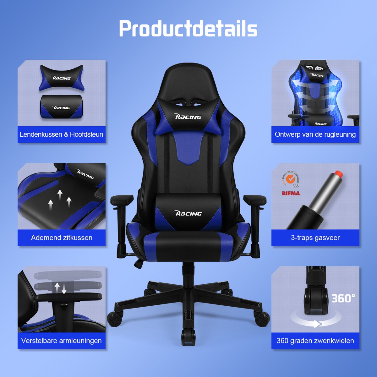 Afbeelding 3 van Gaming Stoel - Gaming Chair mit 90°-165° Rugleuning - Racing Style - Max Gewicht 150 kg