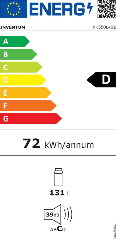Energie-etiket van Inventum koelkast met energielabel D, 131L inhoud en 39 dB geluidsniveau.