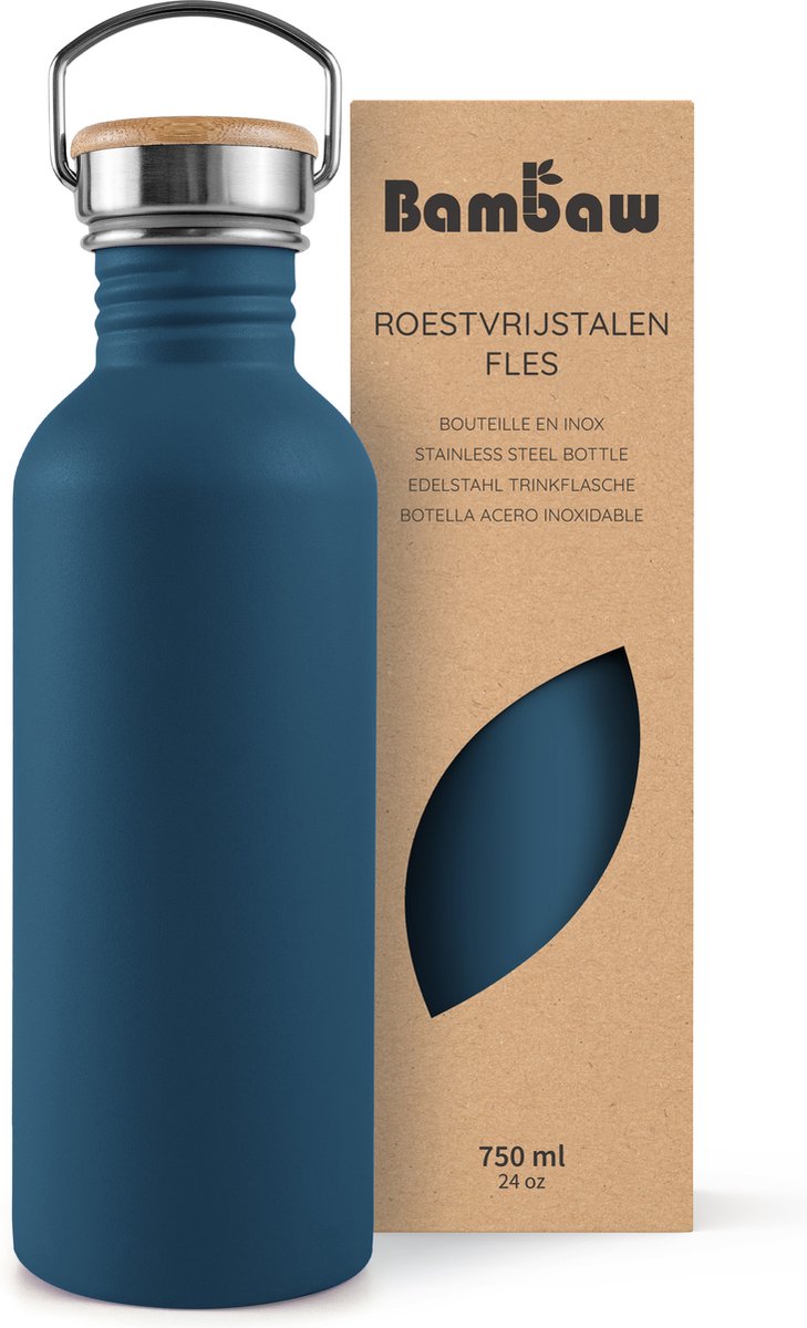 Bambaw® Waterfles 750ml - Enkelwandige drinkfles - Lekvrij, Plasticvrij met Bamboe Dop - Waterflessen Volwassenen - Waterfles RVS - Perfect voor Reizen, Wandelen, Dagelijks Gebruik, Kamperen - Water Fles - Camping - Blauw