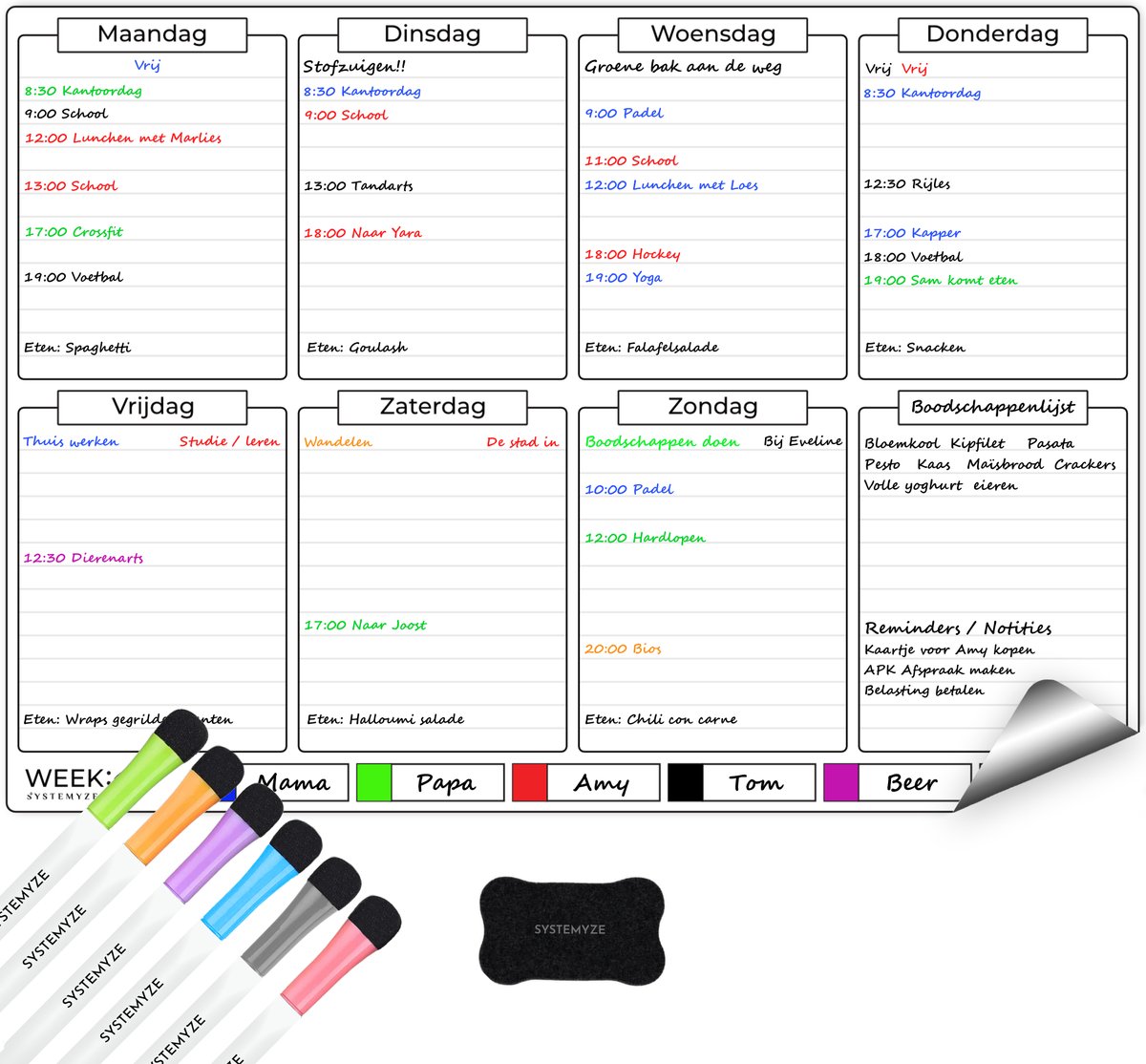 The Magnet Shop A3/A4 Weekplanner voor gezinnen, magnetisch droog afwasbaar whiteboard voor het organiseren van