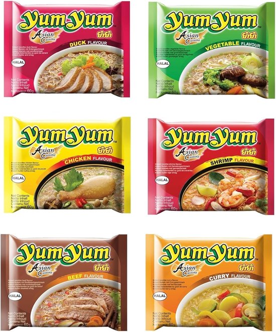 Foto: Instant noedels noodles mixpakket 6 soorten yum yum kip eend garnaal groente rund kerrie 30x 60 gram 