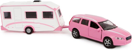 Foto: Kids globe traffic die cast pull back volvo v70 met caravan roze wit