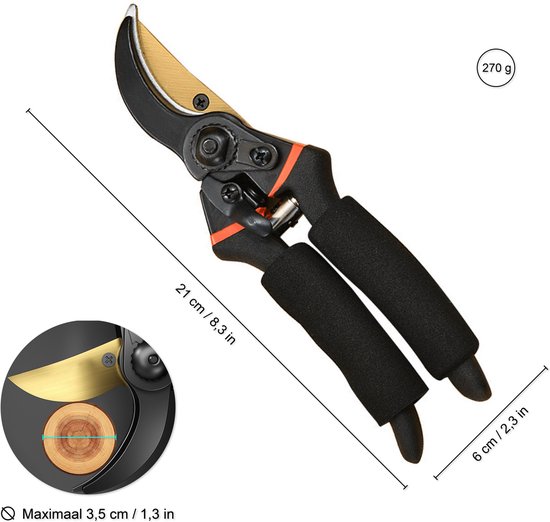 Colorful Sun® Snoeischaren - 1 Stuk - Tuinscharen - Snoeischaar - Tuinschaar Bypass - Ø 35mm - Speciale Coating voor Grip, Comfort en Duurzaamheid - Zwart/Oranje van Merkloos	 — afbeelding 2