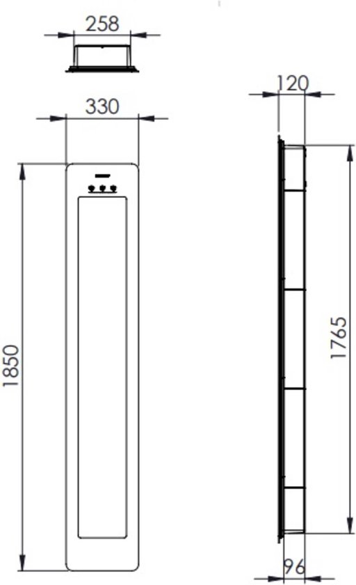 Technische tekening van de Sunshower met afmetingen in millimeters: hoogte 1850 mm, breedte 258 mm, diepte 120 mm.