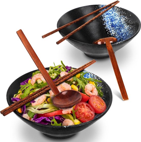 Ramen kom, 2 sets (6 stuks), keramische ramenkom, met lepel en eetstokjes, Japanse kom, servies voor ramen, salade, muesli, raampkom 600 ml, ramenkom