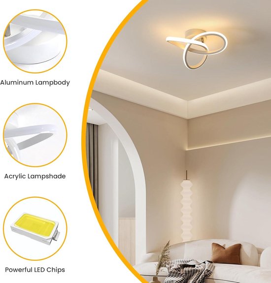 Goeco Plafonnière - Moderne - LED - Curve Plafond Light 20W 2500lm Warm Wit Plafond Plafond 3000k Voor Woonkamer Keuken Eetkamer En Eetkamer