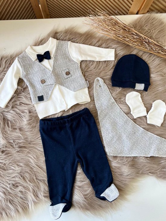 Ensemble 5 pièces - Costume Bébé - costume bébé garçon - costume baptême - cadeau maternité - nouveau né - mariage - séance photo - baby shower - baptême - taille 56 de la naissance au 3 mois - coton-couleur gris crème bleu foncé