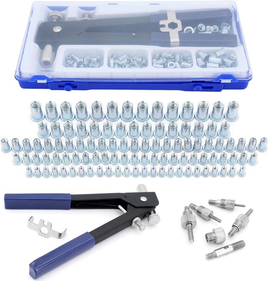 LSHK 13 Hand Klinknagel Moer Gun Hand Klinkhamer Klinknoot Tool Kit met 7 Stks Metrische Doornen en 110 Stks Klinknagel Noten van M3 tot M12