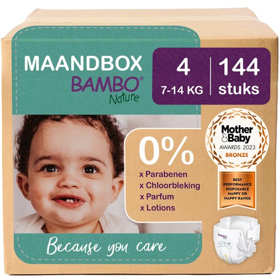 BAMBO Nature Luiers - Maat 4 (7-14 kg) - 144 stuks Maandbox - 0% onnodige toevoegingen - Ideaal voor de gevoelige huid - Nordic Swan Ecolabel