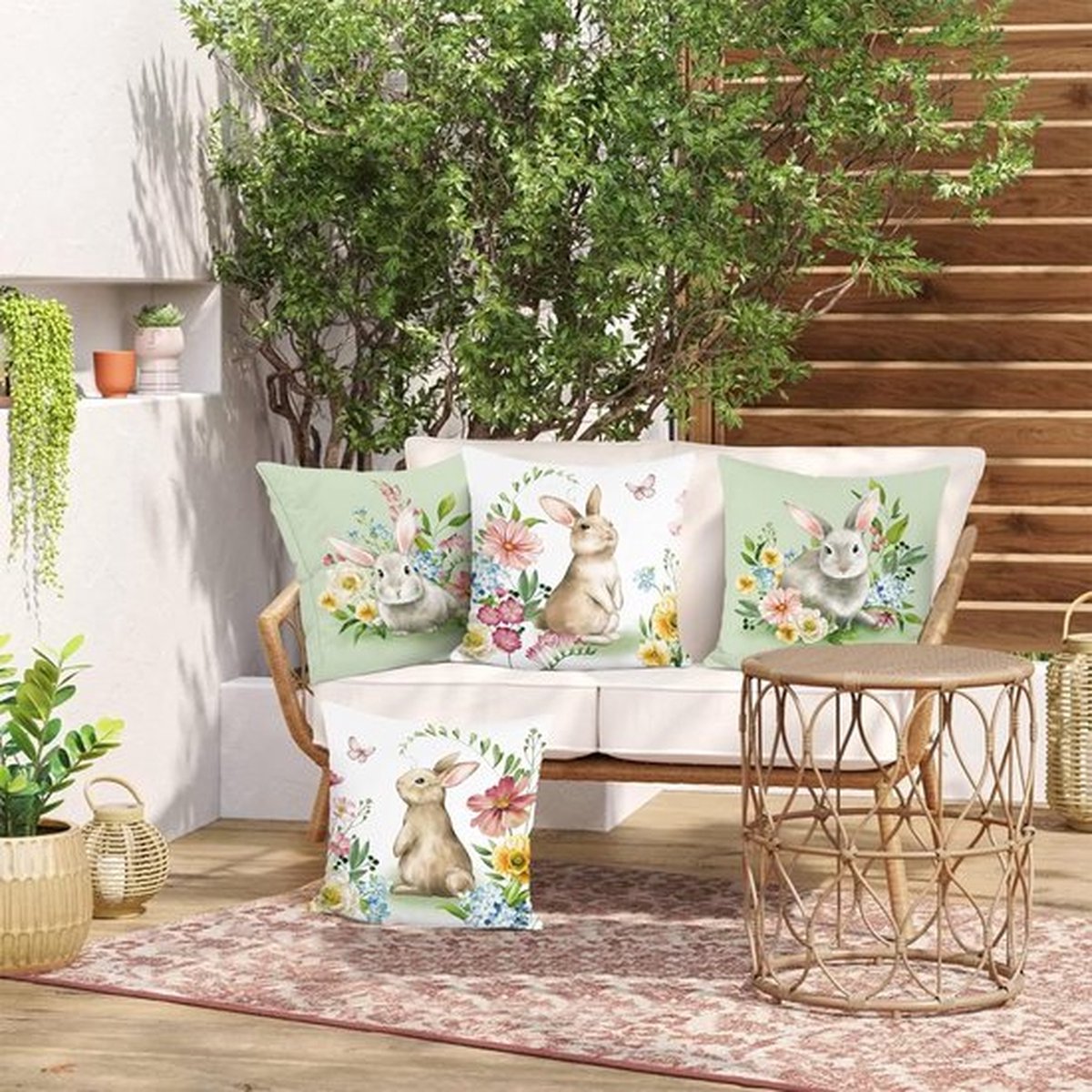 Bonhause Set van 4 kussenslopen herfst paddenstoel 45 x 45 cm bruin rood paddenstoel konijn eekhoorntje decoratieve kussenhoezen voor bank slaapkamer tuin thuis decoratie