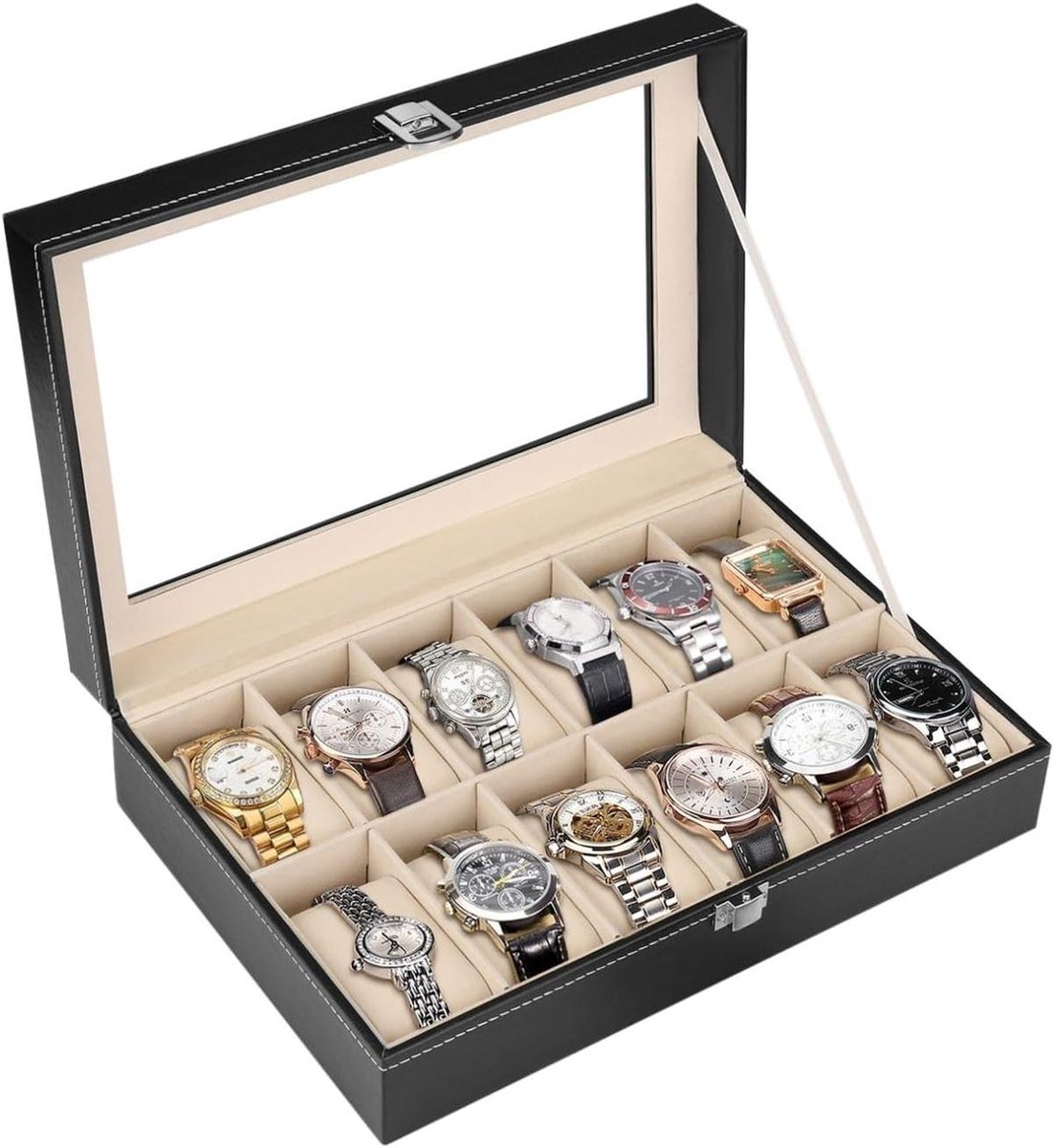 12 Sleuven Horloge Opbergdoos Organizer met Glas Display - Mannen en Vrouwen - Verwijderbare Kussens - Premium PU Leren Horlogekoffer