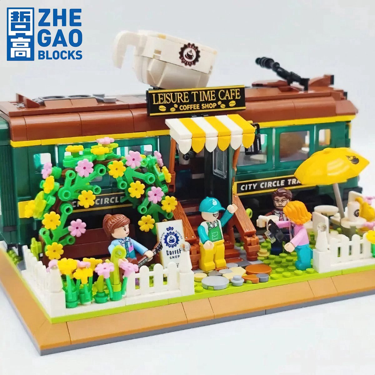 Zhe Gao DZ6002 Classic Trein Café bouwset incl. 4 minifigures | City & friends adventure Modelbouw | Educatief Creator speelgoed bouwpakketten voor kinderen & volwassenen | Bloemen foodtruck niet compatibel met lego | Bouwdoos met 1081 bouwstenen — afbeelding 8