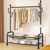 Eleganca Kledingrek - H172 x B120 x D35 cm - Garderoberek op Wieltjes - Dressboy - Kledingstang - Kledingrek met Schoenenplank - Garderoberek met Ophanghaken - Metaal - Zwart