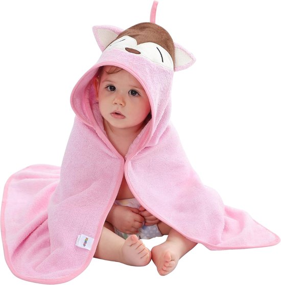 Cape de bain en bambou BoefieBoef Fox Enfant 2 à 6 ans - Serviette de bain éco enfant - Poncho de bain bébé - Peignoir tout-petit - Serviette de plage préscolaire - 2 à 6 ans - Animaux 100x100 cm - Rose - Garçons et filles - Cadeau maternité - Châle