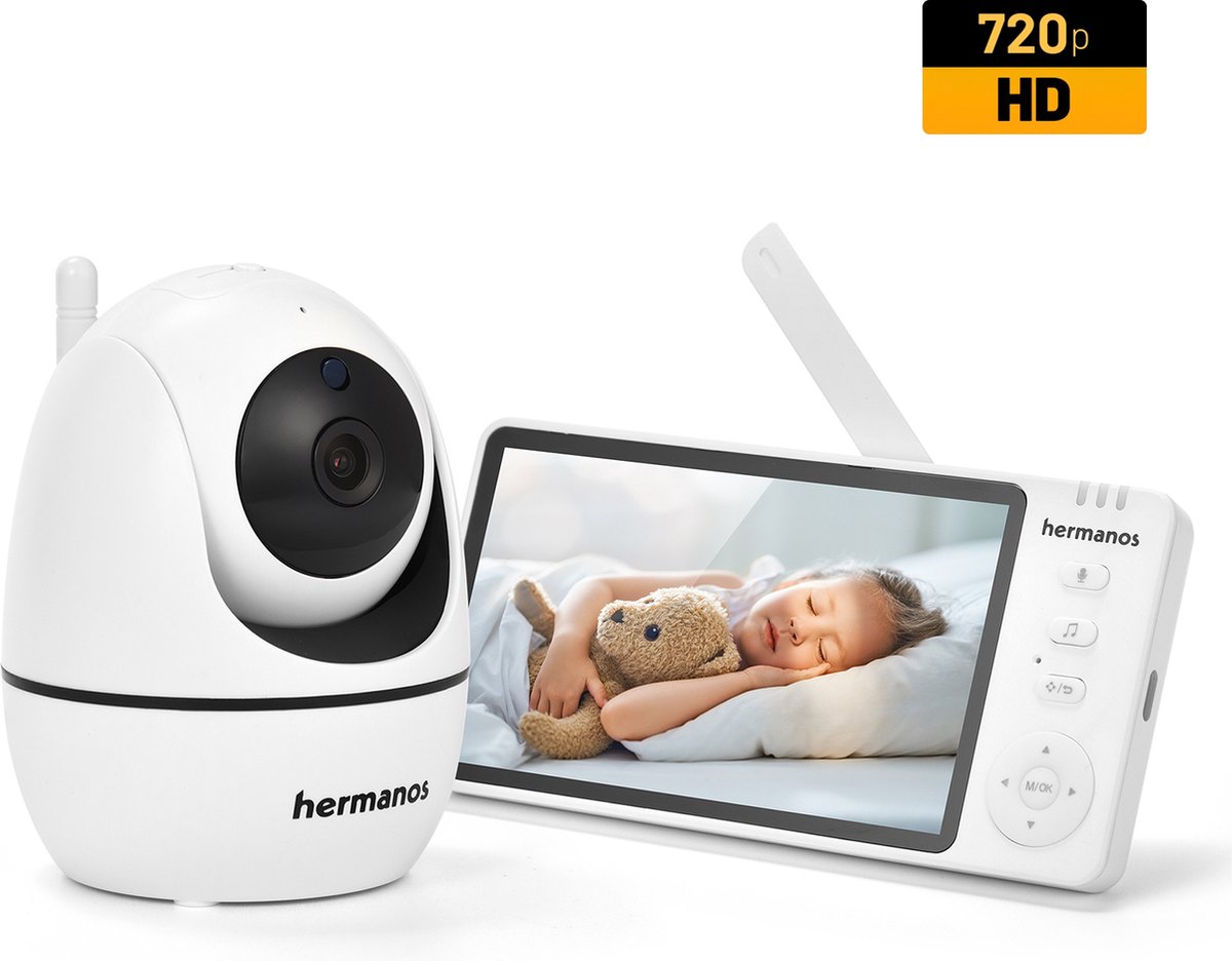 Hermanos Babyfoon met camera - Baby Monitor - 5 Inch HD Scherm - Premium Baby Monitor - Wit