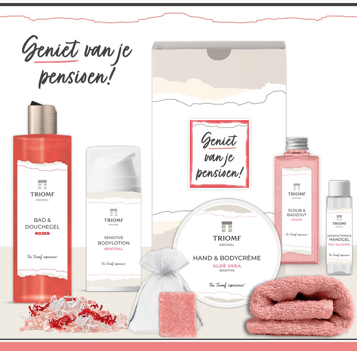 Goedkoopste Geschenkset “Geniet van je pensioen!” - 7 producten - 850 gram | Triomf Original - Giftset voor haar - Cadeau Gestopt met werken - Luxe wellness cadeaubox Vrouw - Cadeaupakket Collega Medewerker Werknemer - Geschenk Pakket Douche Bad - Gift Set Roze
