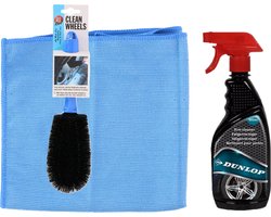 Dunlop auto velgen schoonmaken setje - borstel/schoonmaak spray/microvezeldoek - velgenreiniger pakket - auto en fiets Dunlop auto velgen schoonmaken setje - borstel/schoonmaak spray/microvezeldoek - velgenreiniger pakket - auto en fiets