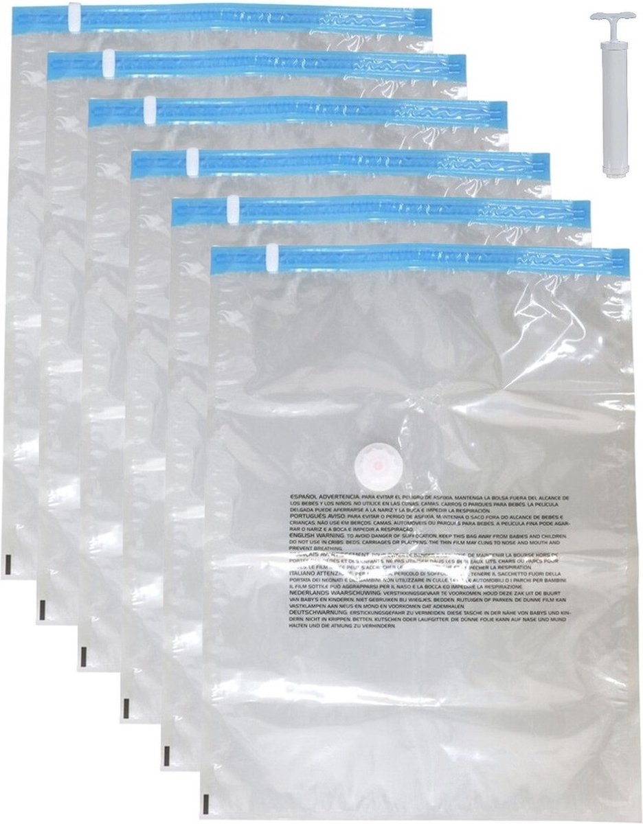 Vacuumzakken voor kleding/textiel - Vacuum opbergzakken - 6x stuks - transparant - 80 x 100 cm - met