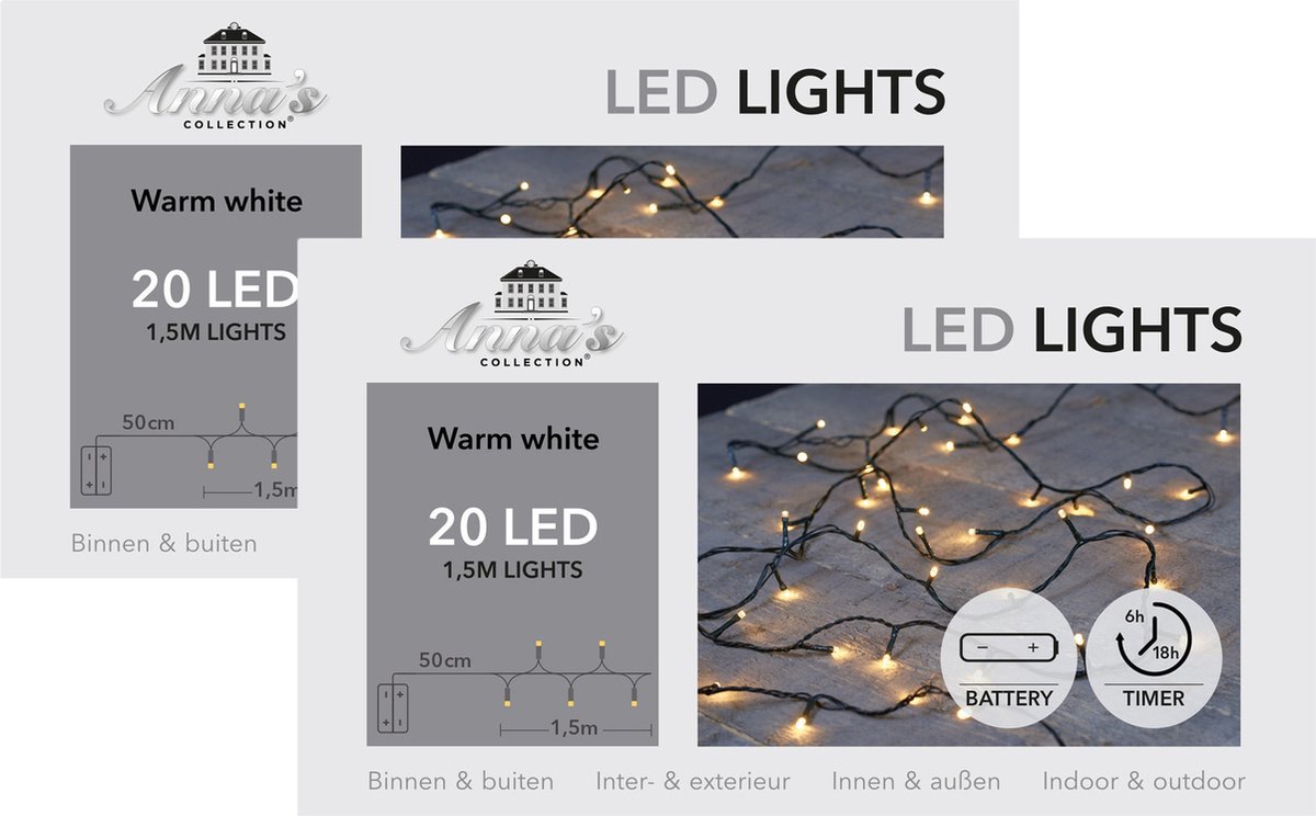 Anna's Collection Kerstverlichting - 2x - warm wit -150 cm - 20 leds - zwart snoer - batterij