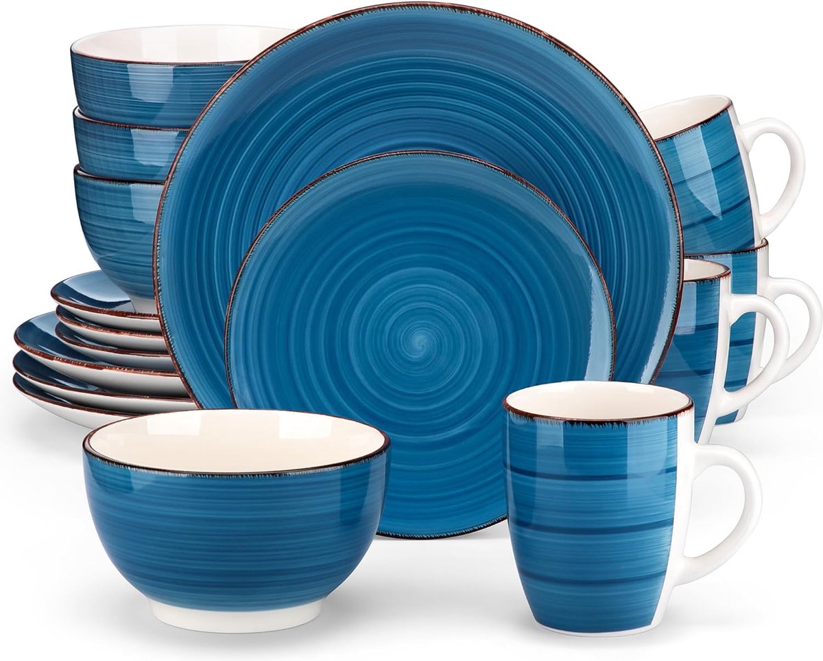 Luxe Serviesset – 16 delig – 4 persoons – Porselein - Bordenset – Dinner platen – Dessertborden - Kommen - Mokken - Blauw