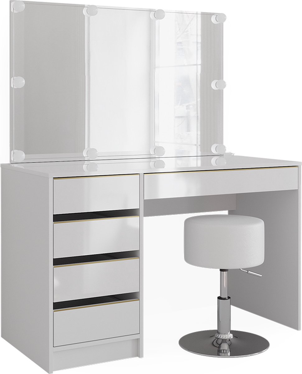 Vicco Kaptafel Sherry, Wit/Goud, 120 cm met spiegel, LED-lichtslinger en kruk