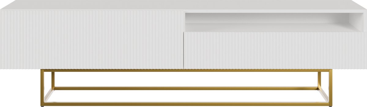 Selsey Veldio – TV-meubel met gefreesd front, open vak en goudkleurige poten, wit, 175 cm