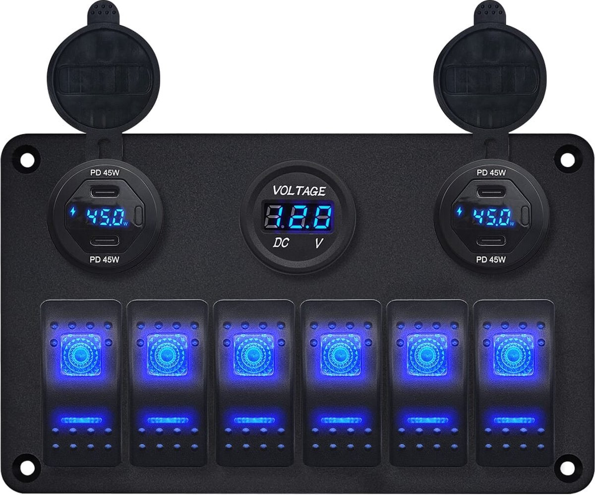 ProRide Schakelpaneel 12V voor Auto/Boot - USB C Lader 4 Poorten met Voltmeter/Wattagemeter - 45W/QC3.0 - 6 Schakelaars